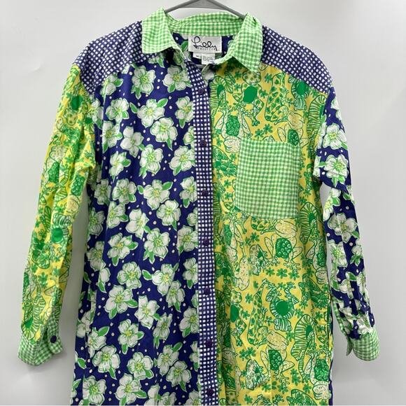 White Label Lilly Pulitzer Blue & Green Patchwork Button Front Shirt Dress Sz M - Picture 2 of 12